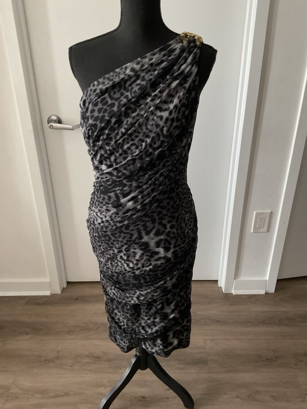 Tadashi Shoji Grey Black Leopard One Shoulder Ruched Dress